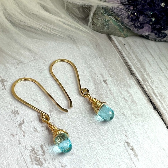 Aquamarine Quartz Crystal Earrings Artisan Designed 14k Gold Filled Wire - Picture 7 of 17